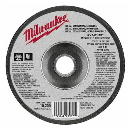 Milwaukee Tool MilwaukeeÂ® 6 in. x .045 in. x 7/8 in. (Type 27) Cut-Off Wheel (A60T) 49-94-6305
